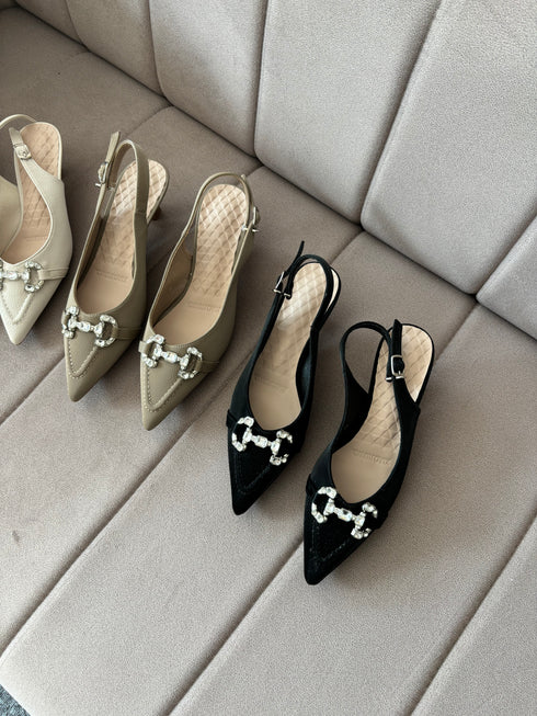 Crystal Decor Pointed Back Sling Kitten Heels